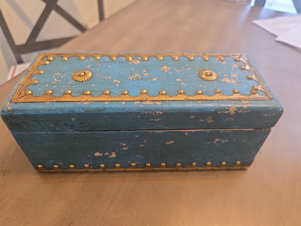 World Market Beautiful Blue Antiqued Painted Wood Tea/Trinket Box 10”x4”x4”
